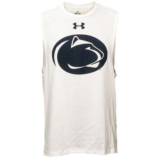 white sleeveless Under Armour t-shirt with Penn State Athletic Logo